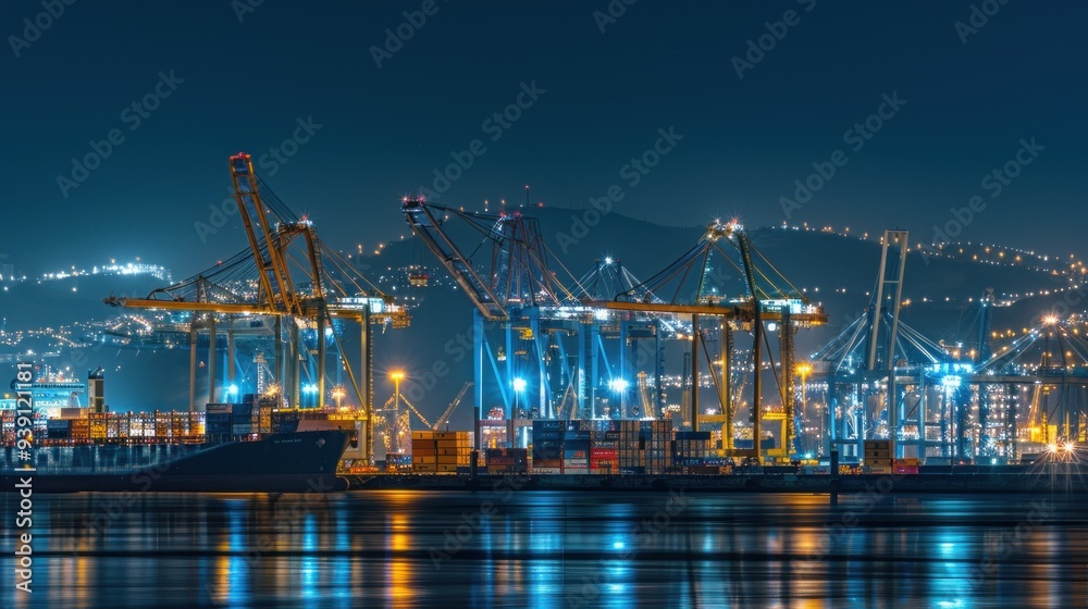Seaport scene at night, featuring large cranes and cargo containers.