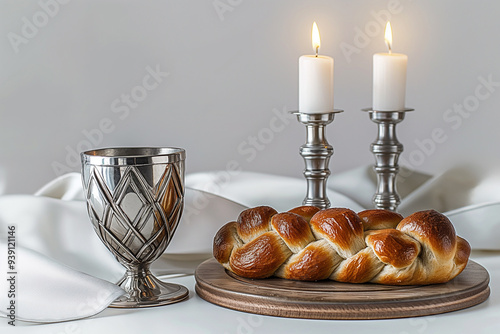 A traditional Shabbat setting features lit candles in silver candlesticks, challah bread, a white tablecloth, and a Shabbat Kiddush cup photo