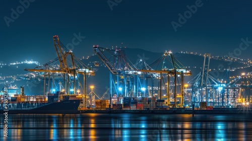 Obraz na płótnie Seaport scene at night, featuring large cranes and cargo containers. w salonie