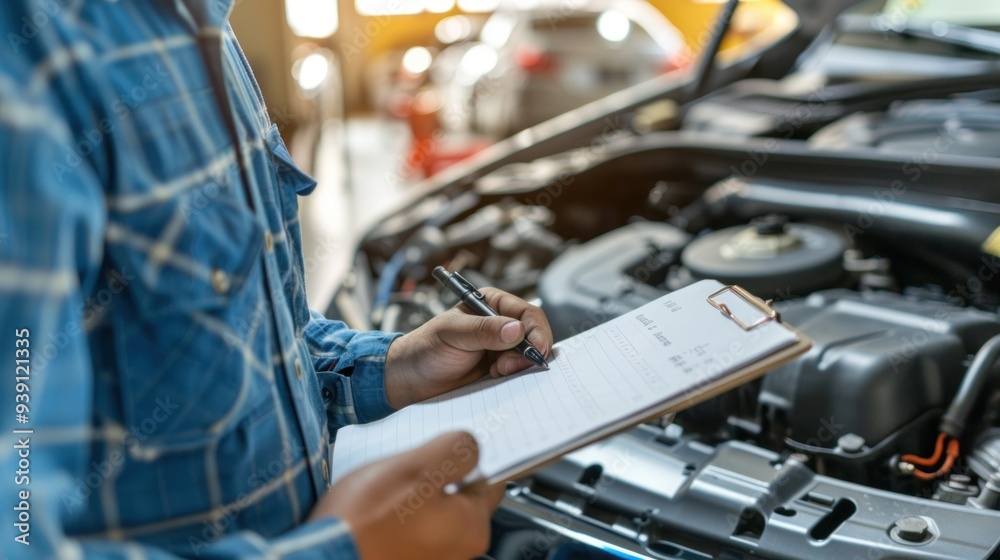 An automobile repairman is writing a job checklist on a clipboard while a mechanic inspects the engine to estimate repair needs. An automobile repairman is writing a job checklist on a clipboard while a mechanic inspects the engine to estimate repair needs.