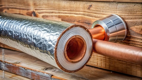 Foam insulation wrapped around a copper pipe, secured with silver tape, against a rustic background, emphasizing energy efficiency and thermal protection.