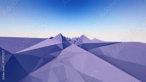 Exploring a stylized mountain landscape with polygonal art under a clear blue sky at sunrise in a virtual setting