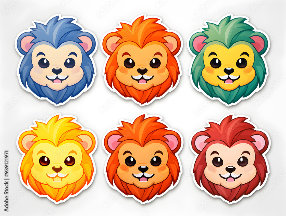 Fototapeta premium Lion King head kawaii stickers with vibrant color