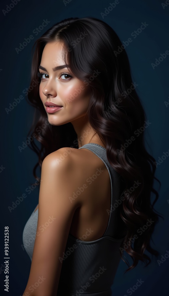 A striking portrait of a young woman with wavy hair, exuding confidence and beauty against a dark background, perfect for fashion, beauty, or lifestyle themes. A striking portrait of a young woman with wavy hair, exuding confidence and beauty against a dark background, perfect for fashion, beauty, or lifestyle themes.