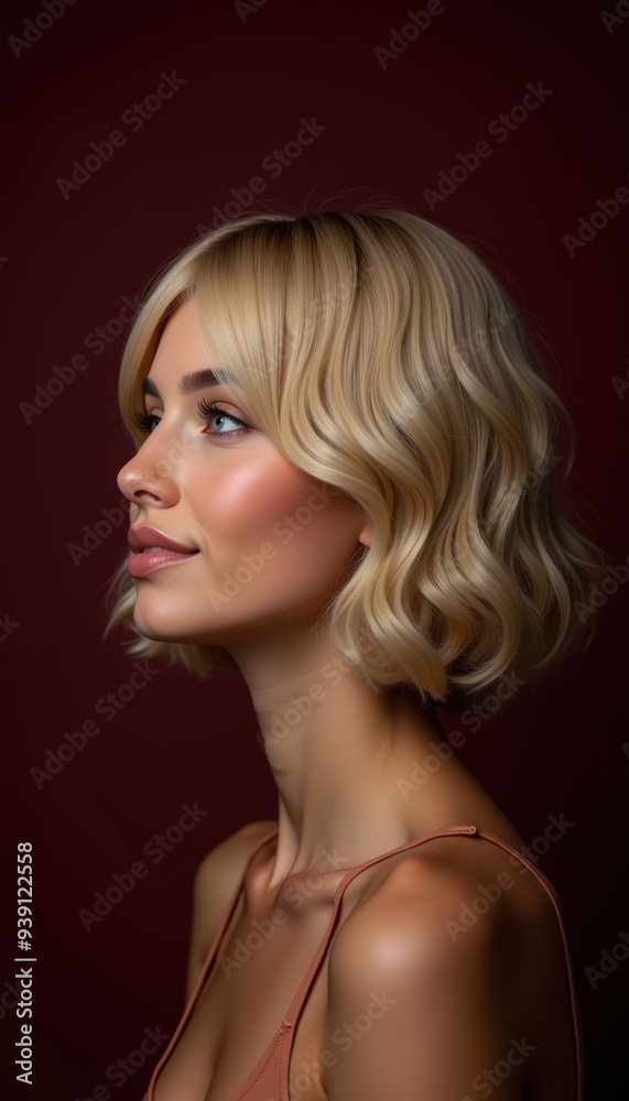 Elegant side profile of a woman with blonde wavy hair against a deep red background, showcasing beauty and fashion. Elegant side profile of a woman with blonde wavy hair against a deep red background, showcasing beauty and fashion.