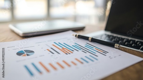 Detailed view of a financial report with bar graphs and pie charts on a desk with a laptop and pen