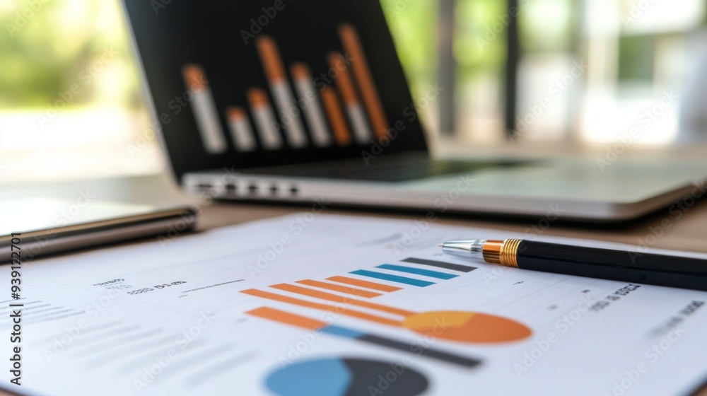 Fototapeta premium Detailed view of a financial report with bar graphs and pie charts on a desk with a laptop and pen