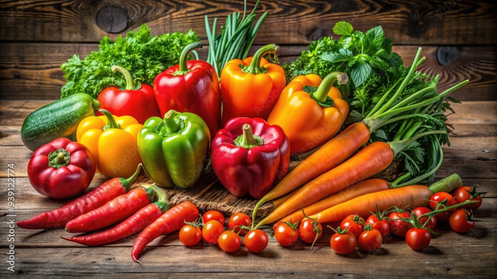 Fresh assortment of vibrant vegetables, including carrots, bell peppers, and tomatoes, arranged artfully on a rustic wooden background, evoking a sense of natural abundance. Fresh assortment of vibrant vegetables, including carrots, bell peppers, and tomatoes, arranged artfully on a rustic wooden background, evoking a sense of natural abundance.