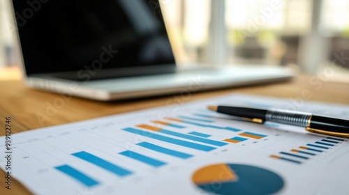 Detailed view of a financial report with bar graphs and pie charts on a desk with a laptop and pen