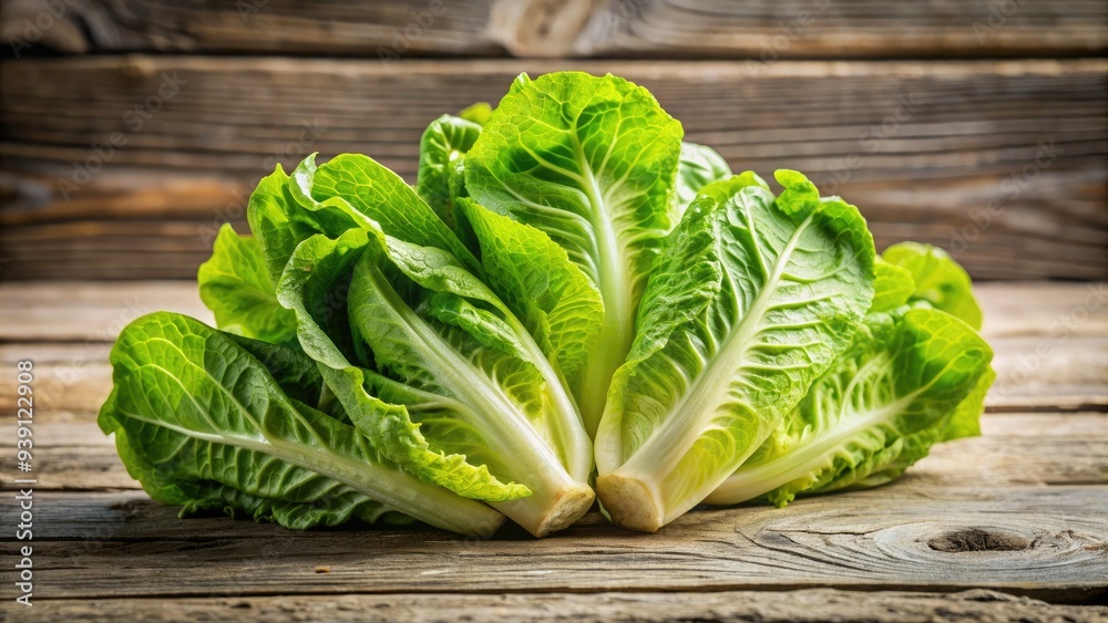 Fototapeta premium Fresh crisp romaine lettuce hearts stacked on a rustic wooden table, with delicate green leaves and creamy white centers, against a soft neutral background.