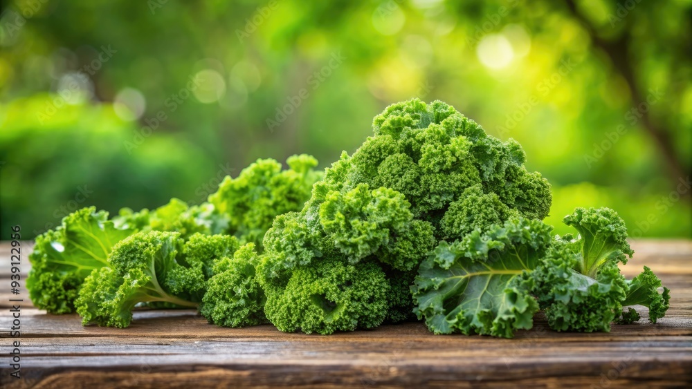 Fresh curly kale leaves arranged in a pattern on a rustic wooden table against a blurred natural green background with a soft focus effect. Fresh curly kale leaves arranged in a pattern on a rustic wooden table against a blurred natural green background with a soft focus effect.