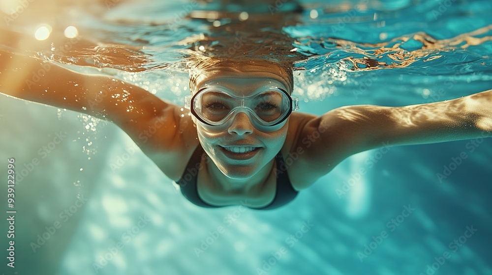 Fototapeta premium Underwater image of female swimmer in swimsuit and training goggles in swimming pool. copy space for text.