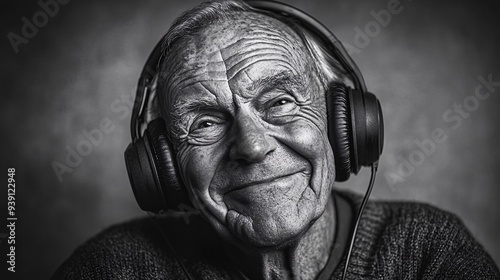 black and white photo of a smiling old man listening to music with headphones
