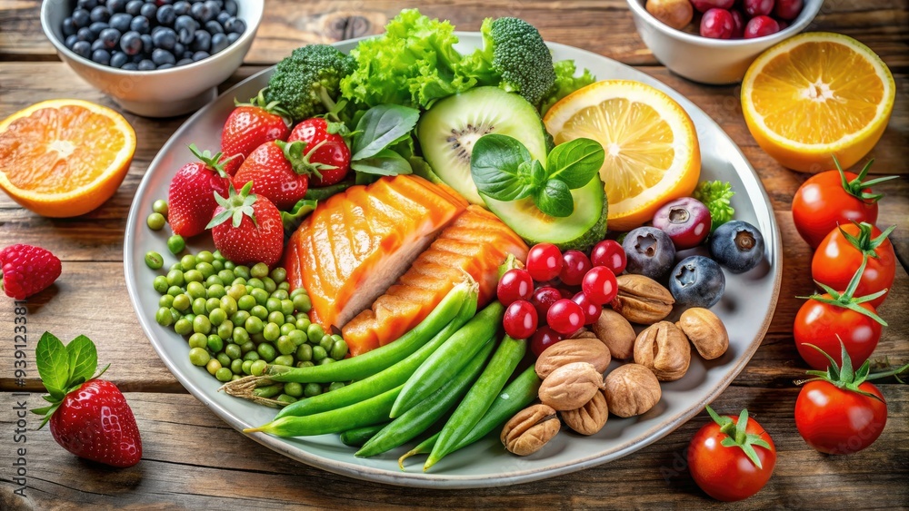 Fresh fruits and vegetables surround a small plate with a modest serving of lean protein, symbolizing a healthy and balanced weight loss diet plan. Fresh fruits and vegetables surround a small plate with a modest serving of lean protein, symbolizing a healthy and balanced weight loss diet plan.