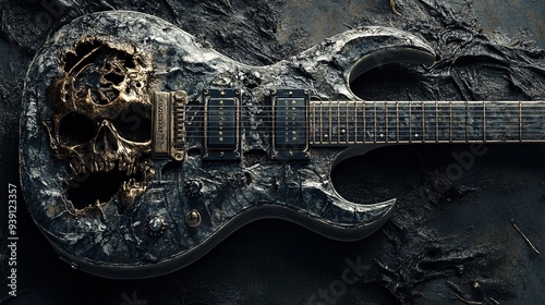 artistic electric heavy metal guitar with engraved skull