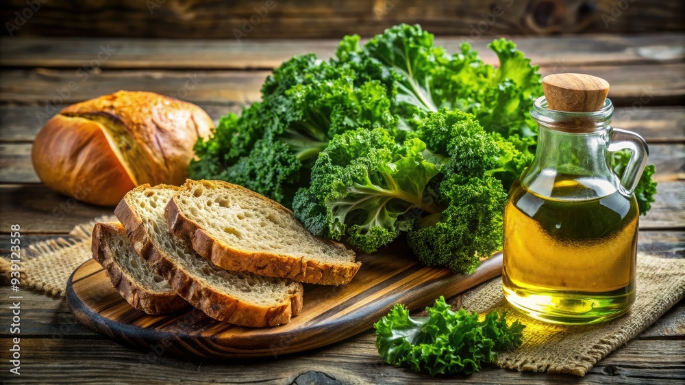 Fresh green leafy kale on a rustic wooden table, surrounded by slices of whole grain bread and a small glass bottle of golden oil, symbolizing healthy nutrition. Fresh green leafy kale on a rustic wooden table, surrounded by slices of whole grain bread and a small glass bottle of golden oil, symbolizing healthy nutrition.