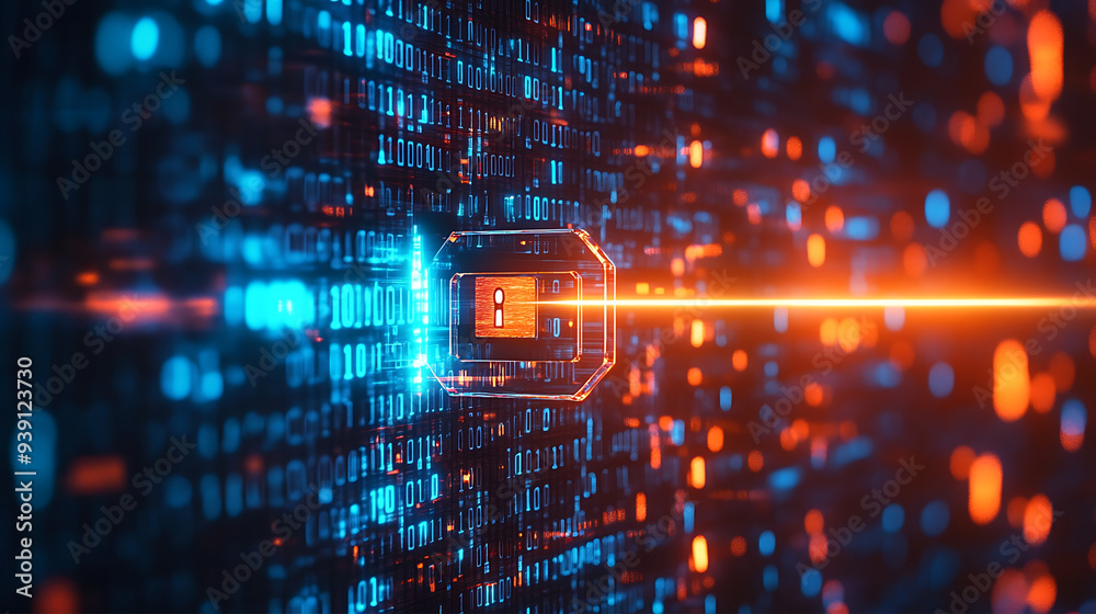 futuristic digital key unlocking a padlock on a virtual screen, representing cybersecurity and data protection, with a blurred background of binary code futuristic digital key unlocking a padlock on a virtual screen, representing cybersecurity and data protection, with a blurred background of binary code