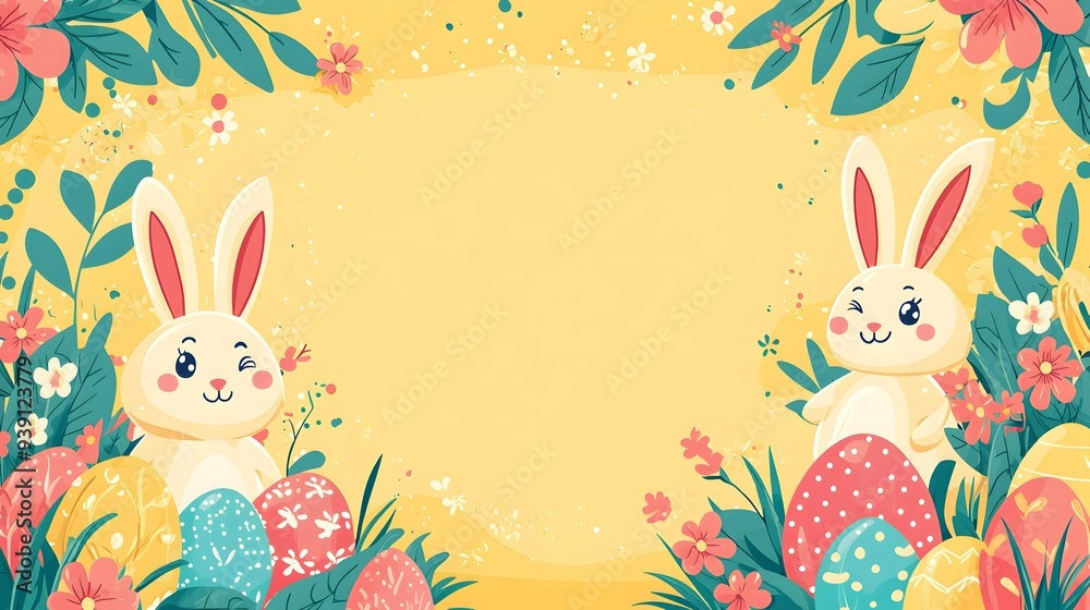 Happy Easter Banner with Bunnies and Eggs