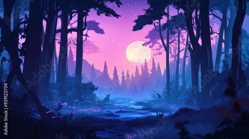 Silhouetted Trees and a Full Moon in a Purple and Blue Forest