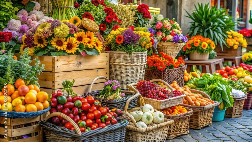 Fresh produce and vibrant flowers on display at a bustling outdoor market, with woven baskets and rustic crates overflowing with artisanal goods. Fresh produce and vibrant flowers on display at a bustling outdoor market, with woven baskets and rustic crates overflowing with artisanal goods.