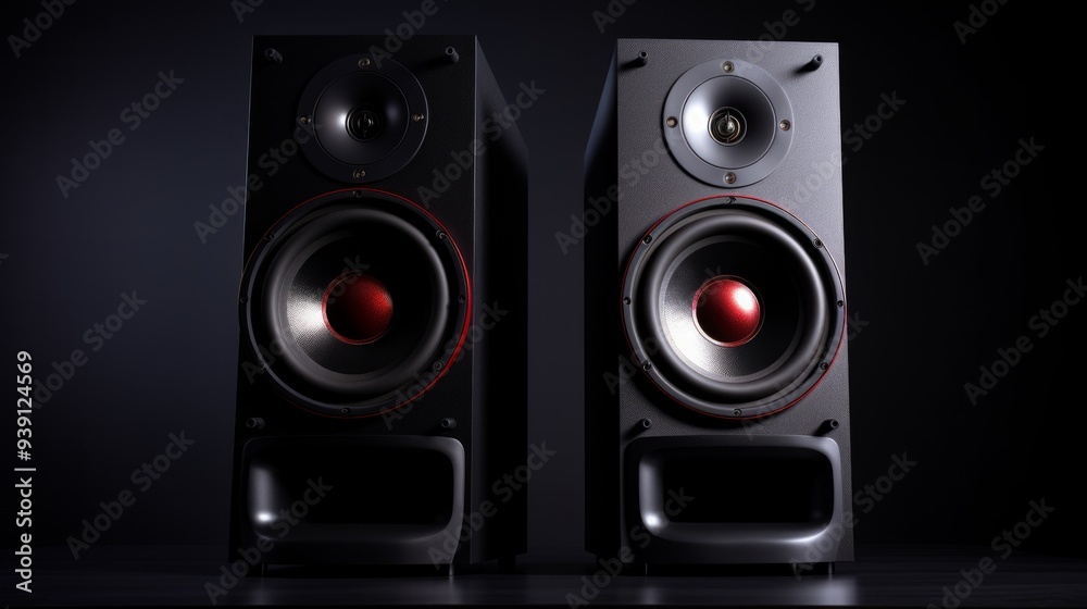 Sound speakers with free space between them on black. Neural network ai generated art Sound speakers with free space between them on black. Neural network ai generated art