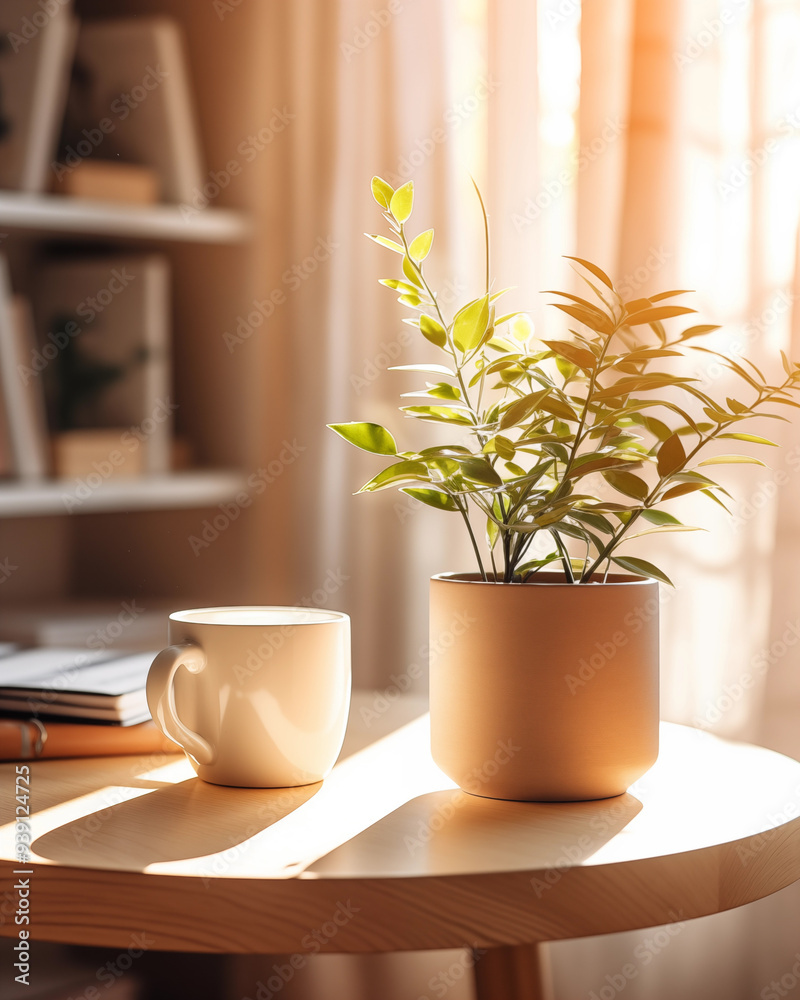 Potted plants and a table sit in the living room, with light streaming in through the window. Potted plants and a table sit in the living room, with light streaming in through the window.