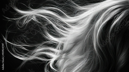 White Hair Flowing in the Wind on a Black Background