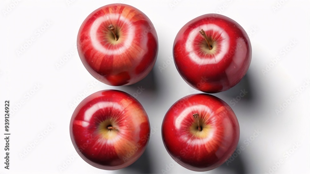 Four red apples on a white background, viewed from above.
