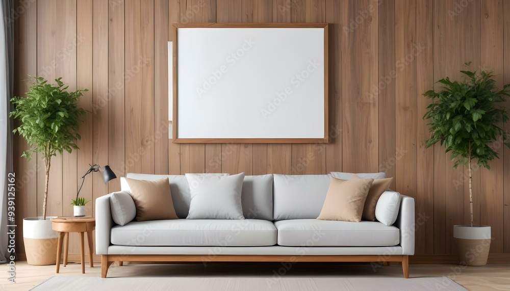 Interior mockup In a white room a blue sofa is placed next to a photo frame on the wall Interior mockup In a white room a blue sofa is placed next to a photo frame on the wall