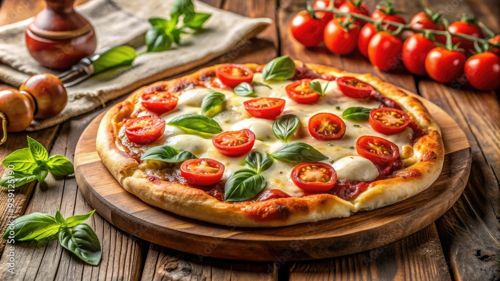 Freshly baked homemade pizza with melted mozzarella cheese, ripe tomatoes, and aromatic basil leaves on a rustic wooden cutting board against a warm kitchen background.