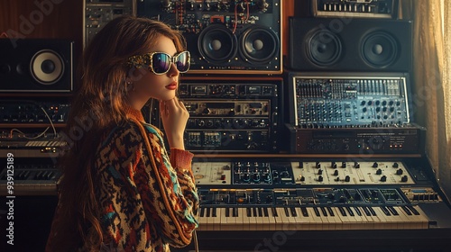 women with sunglasses with vintage electronic music instruments