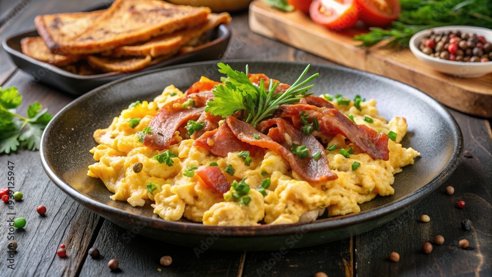 Freshly cooked scrambled eggs and crispy bacon strips served on a warm plate, garnished with chopped parsley and a sprinkle of black pepper. Freshly cooked scrambled eggs and crispy bacon strips served on a warm plate, garnished with chopped parsley and a sprinkle of black pepper.