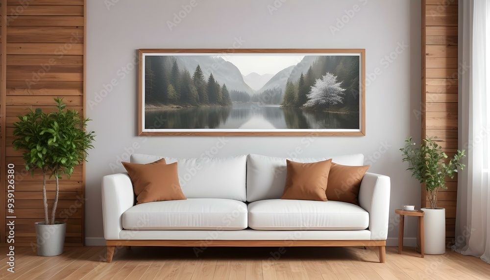 Interior mockup In a white room a blue sofa is placed next to a photo frame on the wall Interior mockup In a white room a blue sofa is placed next to a photo frame on the wall