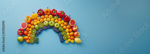 Fresh fruits and vegetables arranged in the shape of a rainbow on a bright blue background and copy space for text or design, healthy food, healthy eating, postcard, World Vegetarian Day