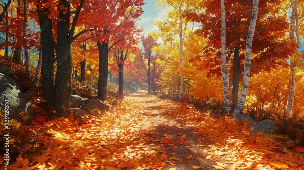 Obraz premium Landscapes of colorful trees and pavement, autumn colors in the forest create a beautiful scenery. Autumn view in nature. Fantasy image.