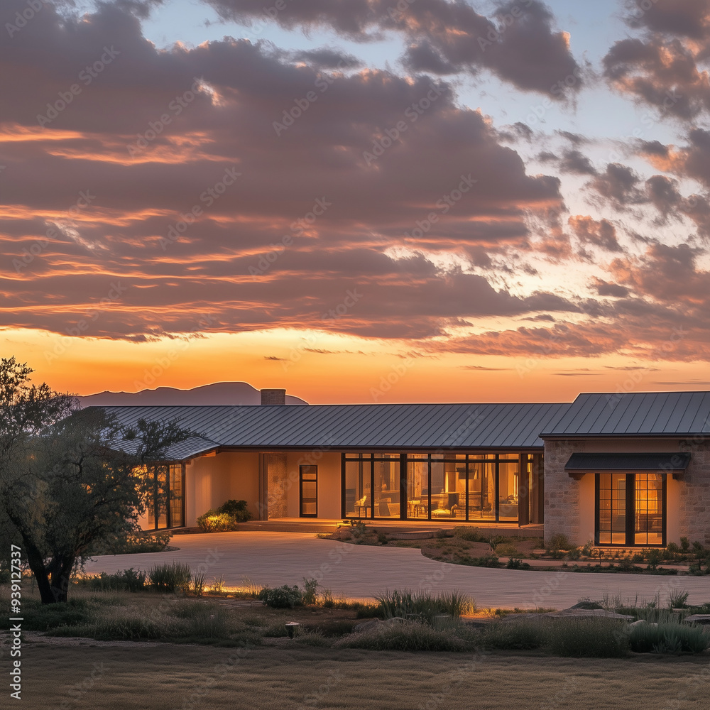 Sprawling Ranch-Style Home Captured at Dusty Dusk Sprawling Ranch-Style Home Captured at Dusty Dusk