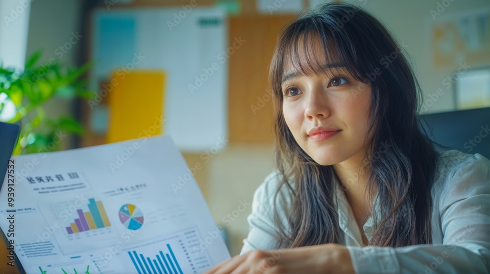 a young woman in a business setting, reading documents with charts. a young woman in a business setting, reading documents with charts.