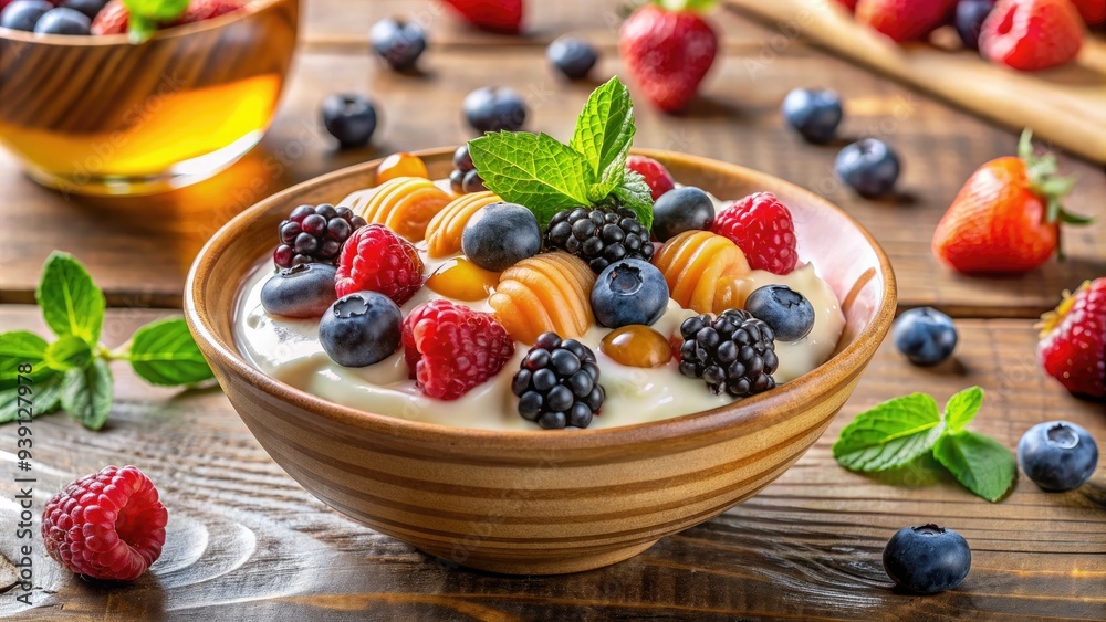Freshly prepared healthy snack featuring a bowl of creamy yogurt topped with colorful mixed berries and drizzled with a sweet honey-like sauce. Freshly prepared healthy snack featuring a bowl of creamy yogurt topped with colorful mixed berries and drizzled with a sweet honey-like sauce.