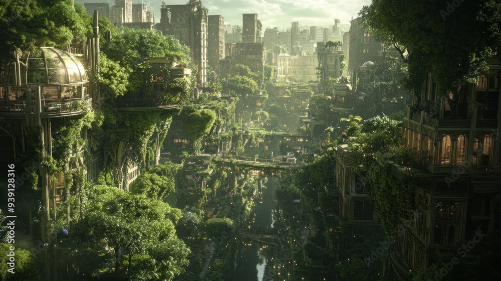 Overgrown Cityscape with a Glass Dome and Waterway Overgrown Cityscape with a Glass Dome and Waterway