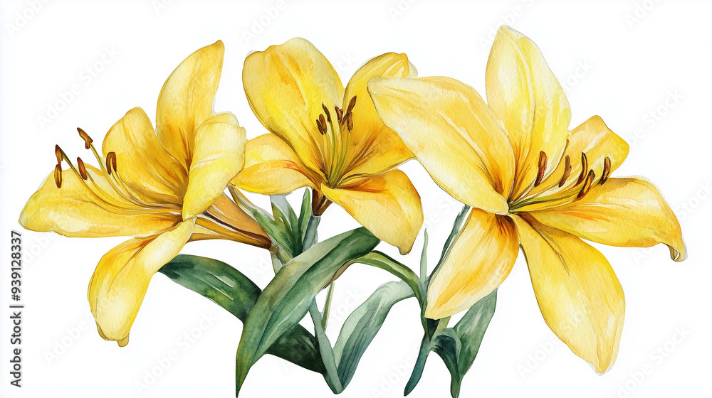 Obraz premium bouquet of yellow lilies, yellow lily isolated on white, floral background, yellow flowers