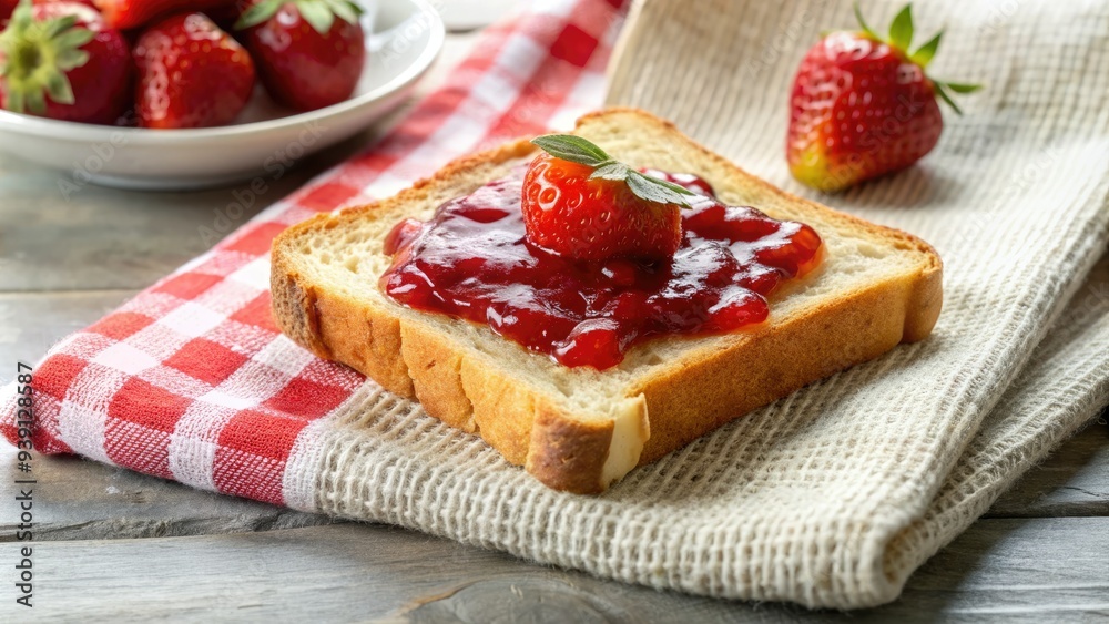 Freshly toasted bread slice smothered with a generous helping of vibrant red strawberry jam, sitting on a crisp white linen tablecloth. Freshly toasted bread slice smothered with a generous helping of vibrant red strawberry jam, sitting on a crisp white linen tablecloth.