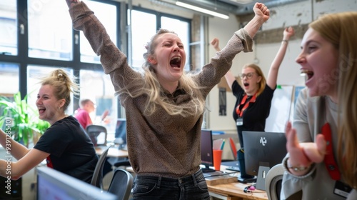 photo of a female charity director and male and female team members in an office. They are celebrating as if a winning goal had been scored in a world, AI Generative