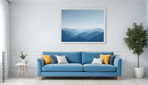 Interior mockup In a white room a blue sofa is placed next to a photo frame on the wall