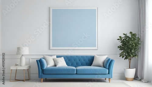 Interior mockup In a white room a blue sofa is placed next to a photo frame on the wall