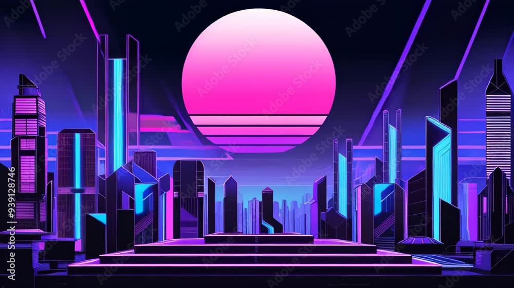 retro-futuristic 80s style with neon city backgrounds. retro neon city with buildings and shining sun on the background. Cyber city travel in a retro style