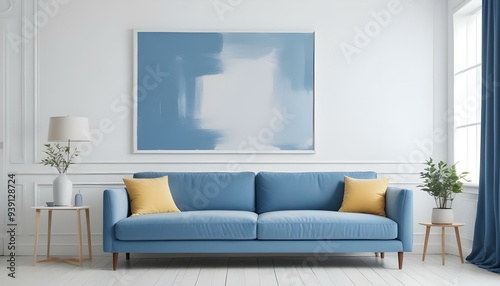 Interior mockup In a white room a blue sofa is placed next to a photo frame on the wall