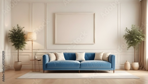 Interior mockup In a white room a blue sofa is placed next to a photo frame on the wall