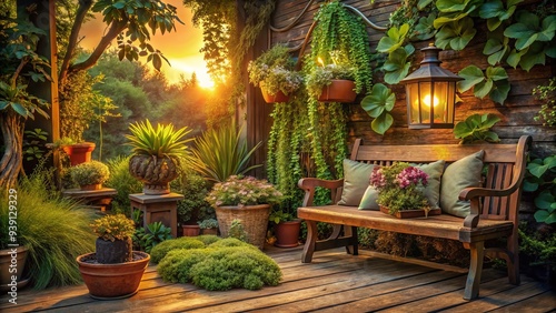 Whispers of summer's idyll surround a weathered wooden bench, aglow with lantern light, as potted succulents and trailing vines entwine, inviting relaxation.