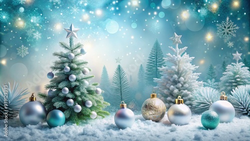 Frosted winter wonderland scene featuring snowflakes, evergreen trees, and festive ornaments on a soft, gradient blue background, evoking a magical Christmas atmosphere. photo