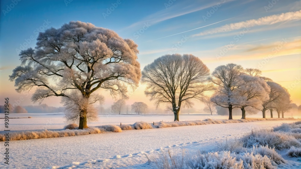 Frosty misty morning in Norfolk countryside, bare trees stand tall amidst snow-covered fields, winter silence prevailing in the serene rural landscape. Frosty misty morning in Norfolk countryside, bare trees stand tall amidst snow-covered fields, winter silence prevailing in the serene rural landscape.